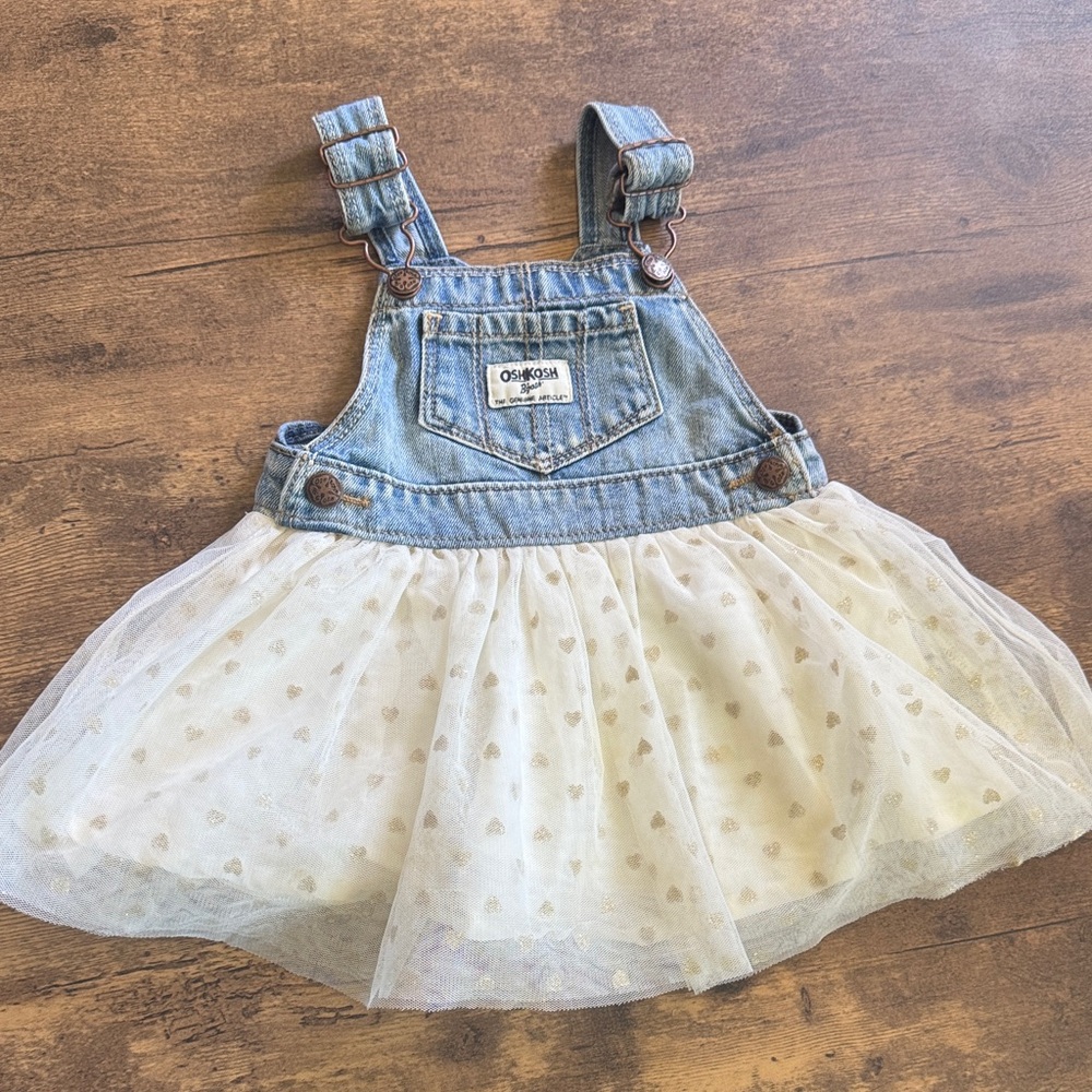 OshKosh B'gosh Light Blue Denim Overall Dress with Cream Tulle